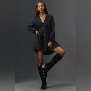 Anthropologie x Pilcro Navy Blue & Black Cotton Long-Sleeve Twofer Mini Dress XL